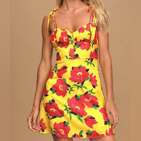 KOURT Dionne Bright Yellow Floral Print Satin Tie-Strap Mini Dress Size Small - Picture 2 of 10